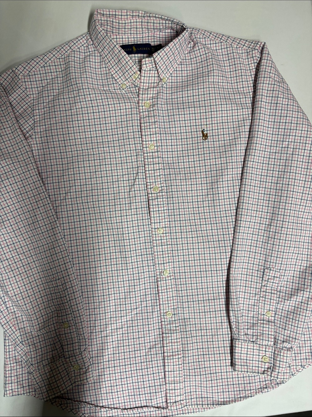 Ralph Lauren Men’s XL Button Down Shirt Pink Navy Check Long Sleeve Pony Logo